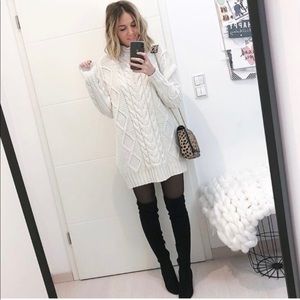White Mock Neck Cableknit Sweater Dress 